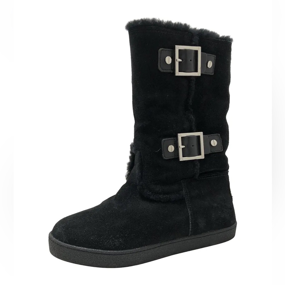 Tory Burch Black Suede‎ Shearling-Lined Buckle Ankle Boots